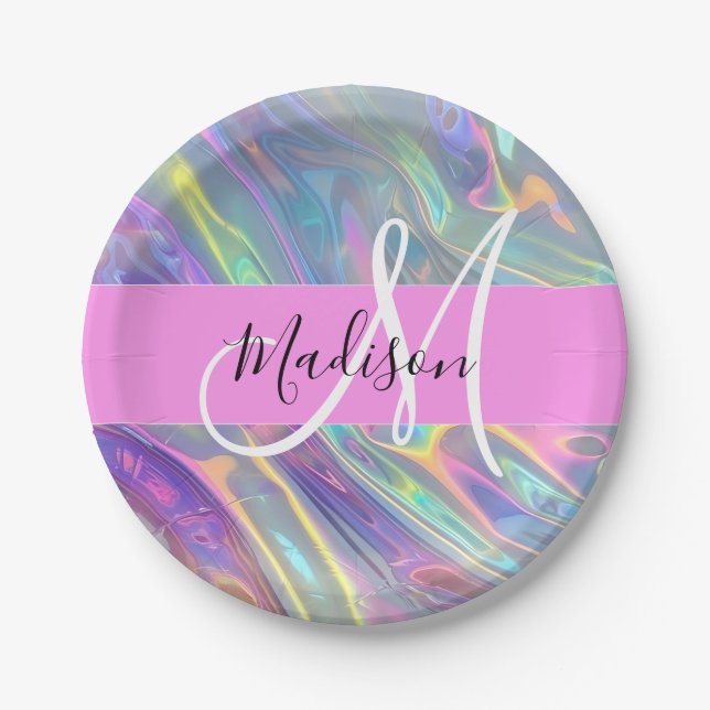 Girly Rainbow Holographic Iridescent Monogram Name Paper Plate (Front)