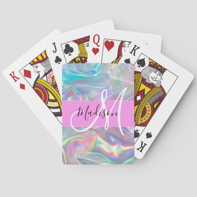 Girly Rainbow Holographic Iridescent Monogram Name Playing Cards (Back)