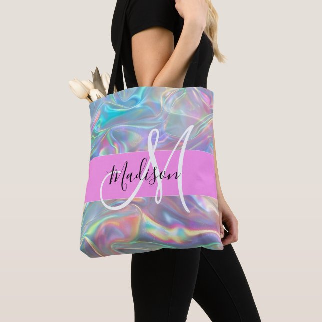 Girly Rainbow Holographic Iridescent Monogram Name Tote Bag (Close Up)