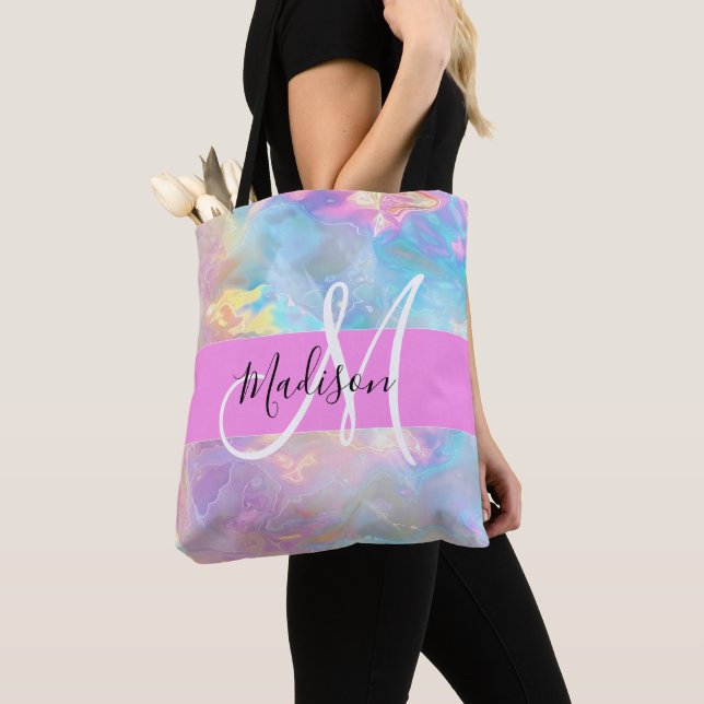 Girly Rainbow Holographic Iridescent Monogram Name Tote Bag (Close Up)