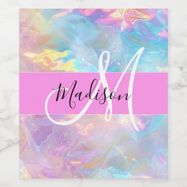 Girly Rainbow Holographic Iridescent Monogram Name Wine Label (Single Label)