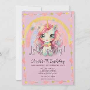 Girly Rainbow Pastel Lilac Kawaii Unicorn Birthday Invitation