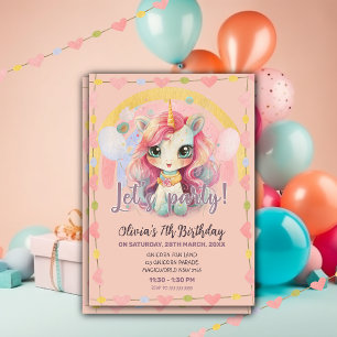 Girly Rainbow Pastel Pink Kawaii Unicorn Birthday Invitation