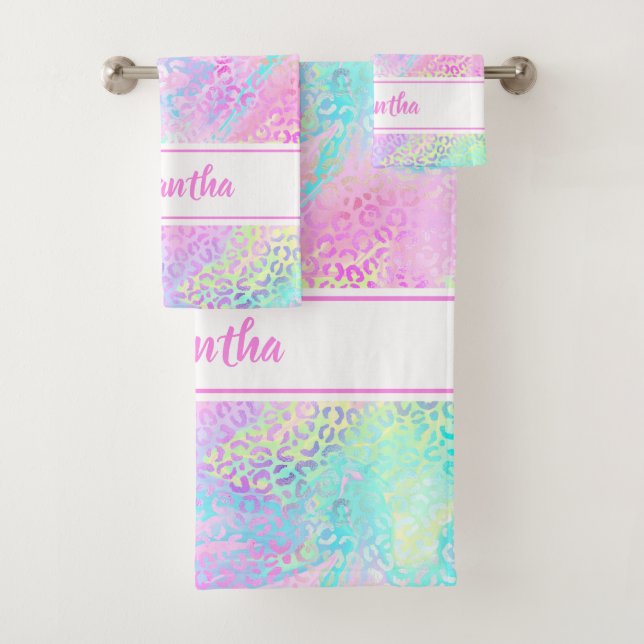 Girly Rainbow Shimmer Leopard Print Personalised Bath Towel Set (Insitu)