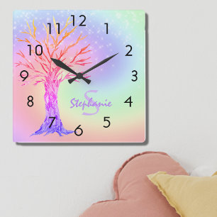 Girly Rainbow Sparkles Monogram Name  Square Wall Clock