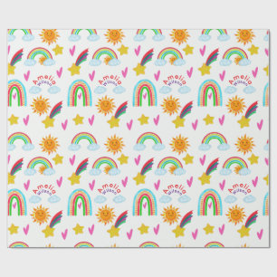 Girly Rainbow Sun Star Name Pattern for Kids Wrapping Paper