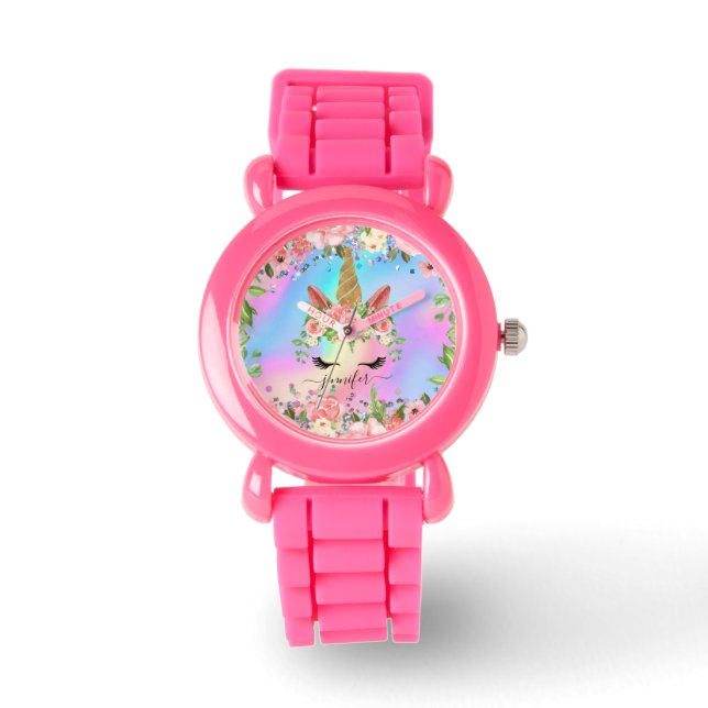 Girly Rainbow Unicorn Personalised Name Cute Kid's Watch (Front)