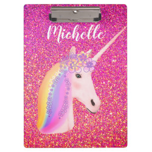 Girly Rainbow Unicorn Pink Glitter Personalised Clipboard