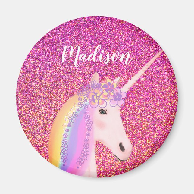 Girly Rainbow Unicorn Pink Glitter Personalised Magnet (Front)