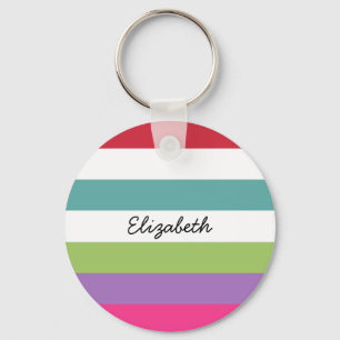 Girly Rainbow Wide Horizontal Stripes With Name Key Ring