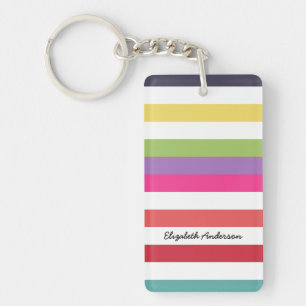 Girly Rainbow Wide Horizontal Stripes With Name Key Ring
