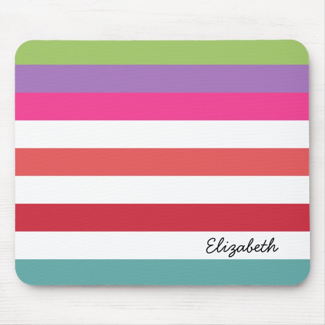 Girly Rainbow Wide Horizontal Stripes With Name Mouse Mat (Front)