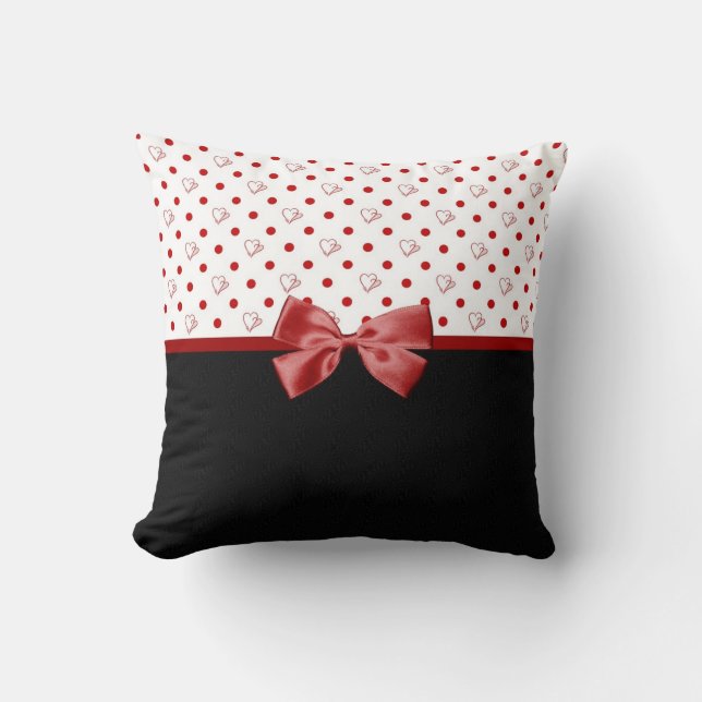 Girly Red and Black Polka Dot Hearts Bow With Name Cushion (Front)