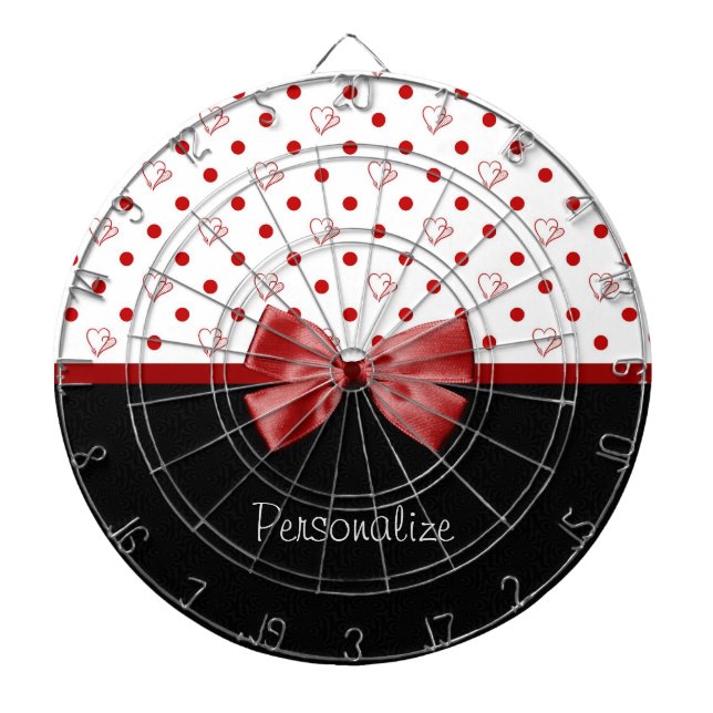 Girly Red and Black Polka Dot Hearts Bow With Name Dartboard (Front)