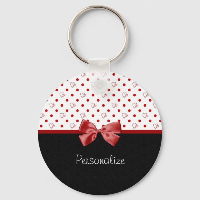 Girly Red and Black Polka Dot Hearts Bow With Name Key Ring (Front)