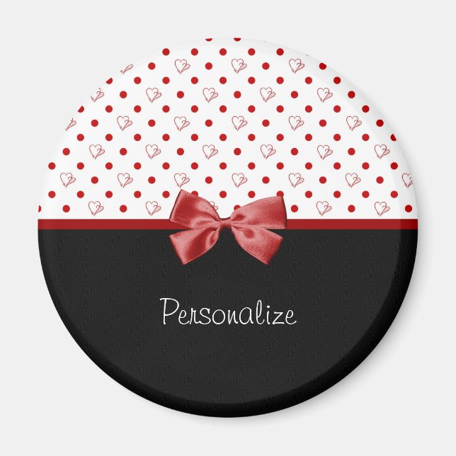 Girly Red and Black Polka Dot Hearts Bow With Name Magnet (Front)
