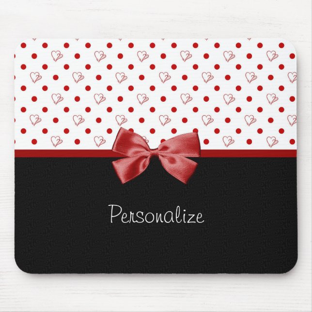 Girly Red and Black Polka Dot Hearts Bow With Name Mouse Mat (Front)