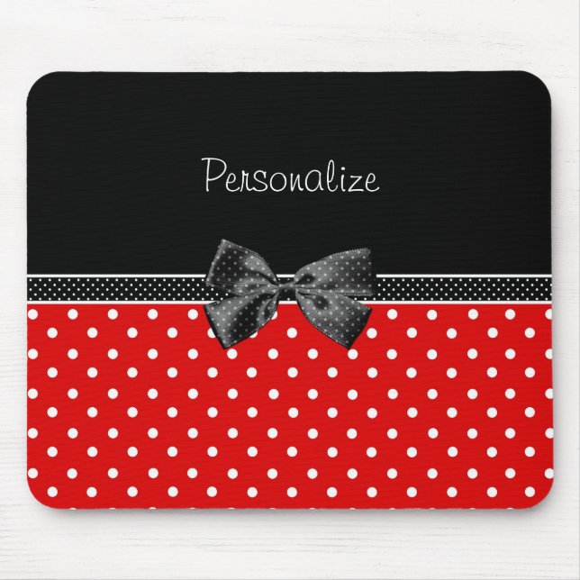 Girly Red and Black Polka Dots With Bow and Name Mouse Mat (Front)