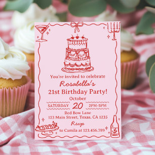 Girly Red and Pink Bow Cake Birthday Invitation