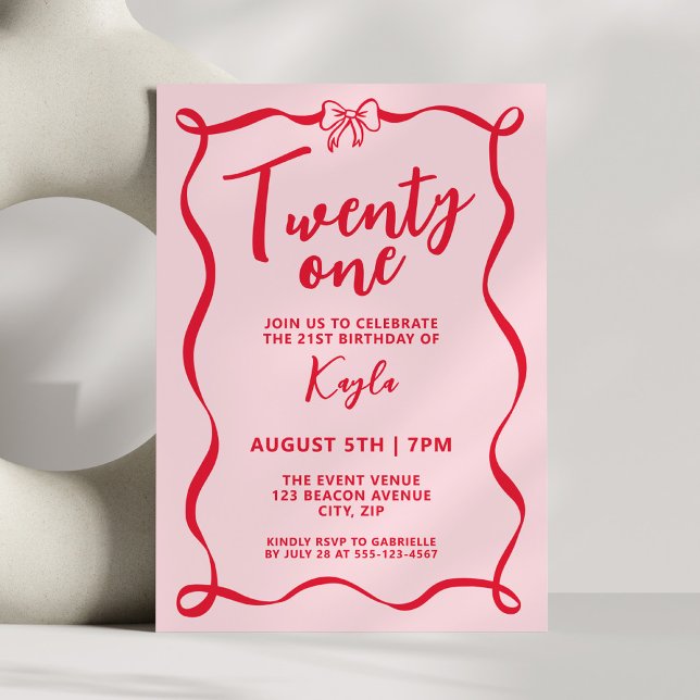 Girly Red Bow Coquette Twenty One 21st Birthday Invitation (Creator Uploaded)
