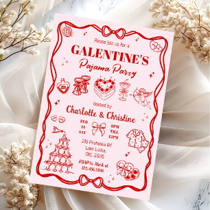 Girly Red Coquette Galentine's Pajama Party Invitation