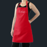 Girly red custom modern script name elegant chic apron<br><div class="desc">Personalised red custom modern script name text monogram solid plain colour girly stylish elegant chic red and white text kitchen Apron. Customise,  personalise it with name,  quote,  phrase,  or text.
Great for cooks,  chefs,  pottery,  ceramics,  crafts,  work,  kitchen,  baking,  bbq,  grill,  etc</div>