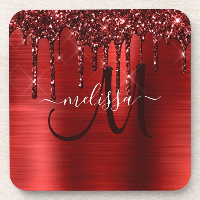 Girly Red Dripping Glitter Brush Metal Monogram Coaster (Front)