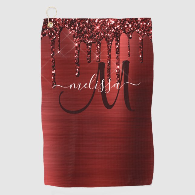 Girly Red Dripping Glitter Brush Metal Monogram Golf Towel (Front)