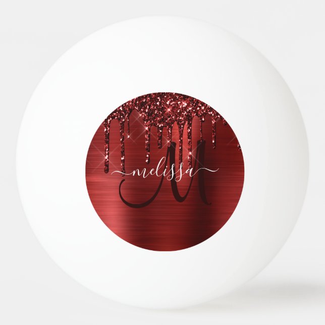 Girly Red Dripping Glitter Brush Metal Monogram Ping Pong Ball (Front)
