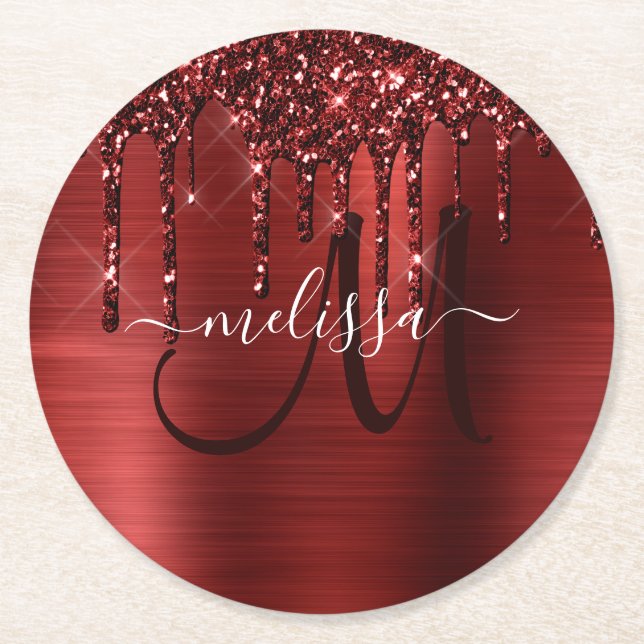 Girly Red Dripping Glitter Brush Metal Monogram Round Paper Coaster (Front)
