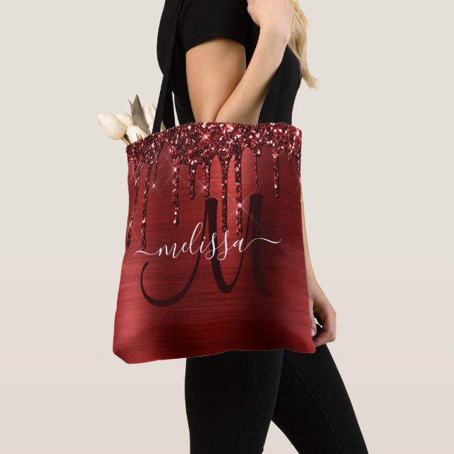 Girly Red Dripping Glitter Brush Metal Monogram Tote Bag (Close Up)