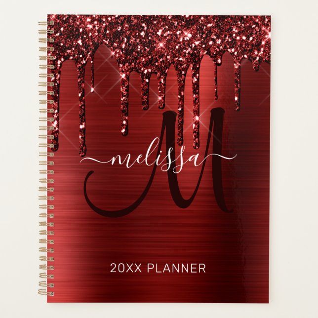 Girly Red Dripping Glitter Brushed Metal 2022 Planner (Front)