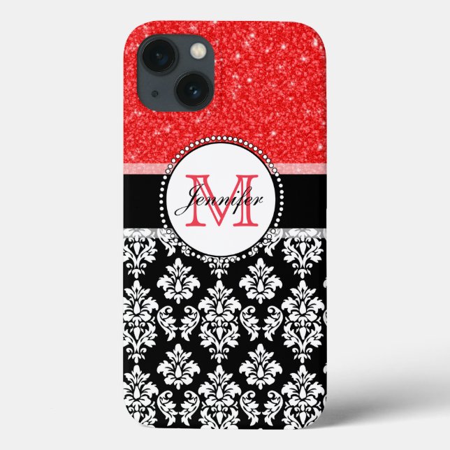 Girly, Red, Glitter Black Damask Personalised Case-Mate iPhone Case (Back)