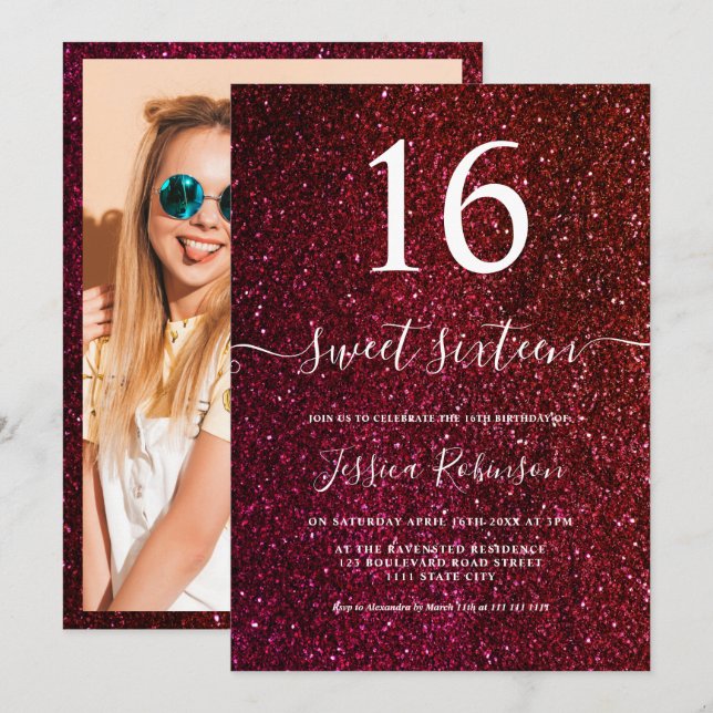 Girly red glitter script chic Sweet 16 Invitation (Front/Back)