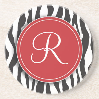 Girly Red Monogram Zebra Print Coaster