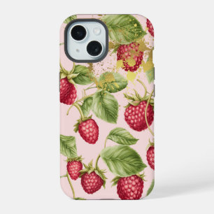 Girly Red, Pastel Pink and Gold Raspberry Fruit iPhone 15 Case
