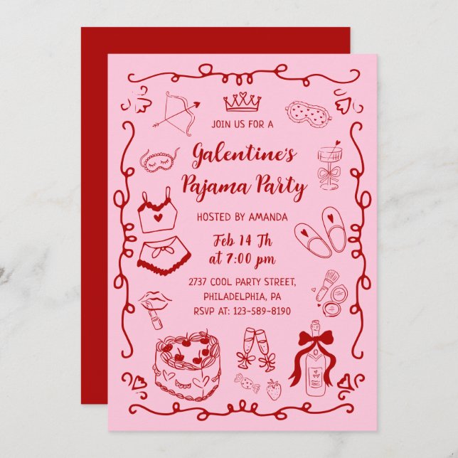 Girly Red Pink Hand Drawn Galentine's Pajama Party Invitation (Front/Back)