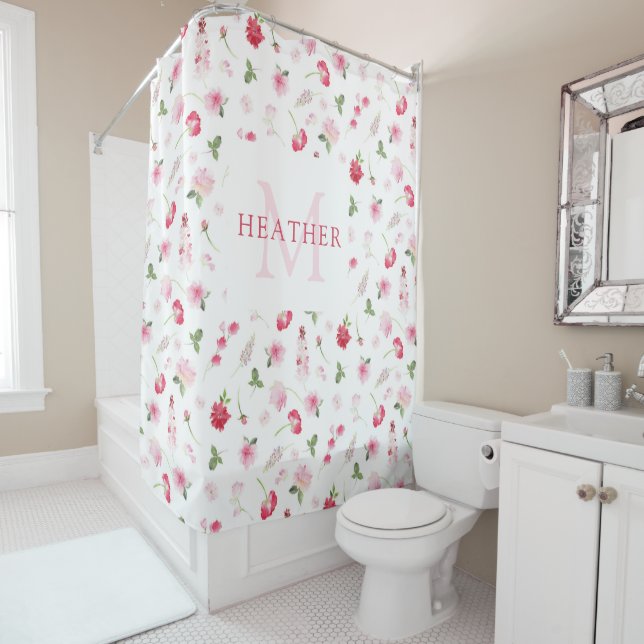 Girly Red Pink Watercolor Pattern Monogram Name Shower Curtain (In Situ)