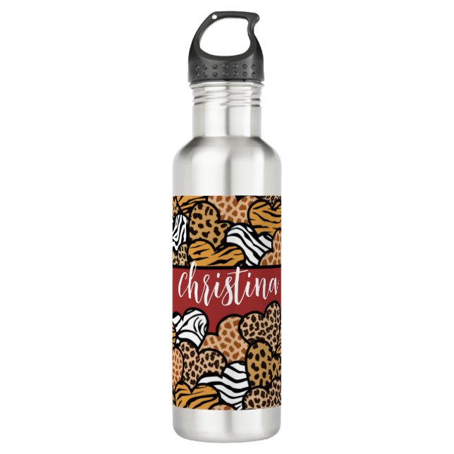 Girly Red Playful Animal Print Hearts Name  710 Ml Water Bottle (Front)