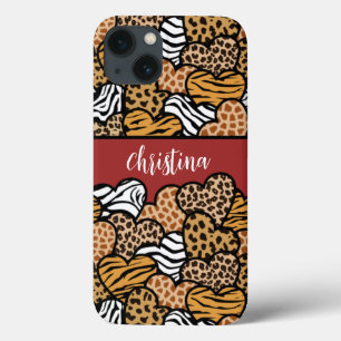Girly Red Playful Animal Print Hearts Name  iPhone 13 Case