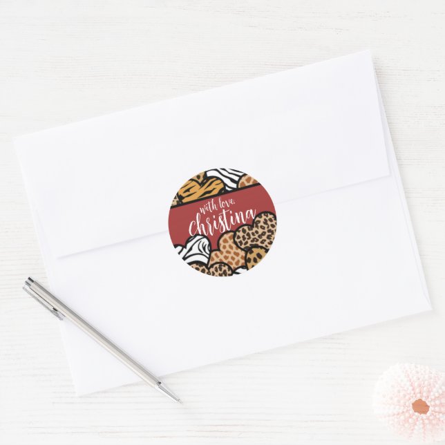 Girly Red Playful Animal Print Hearts Name  Classic Round Sticker (Envelope)