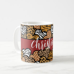 Girly Red Playful Animal Print Hearts Name  Coffee Mug