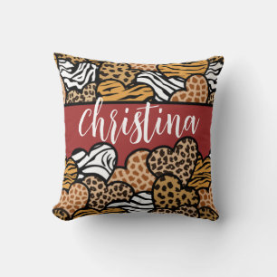 Girly Red Playful Animal Print Hearts Name Cushion