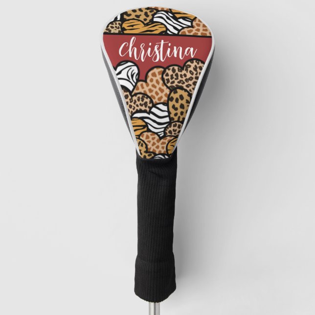 Girly Red Playful Animal Print Hearts Name  Golf Head Cover (Front)