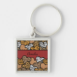 Girly Red Playful Animal Print Hearts Name  Key Ring