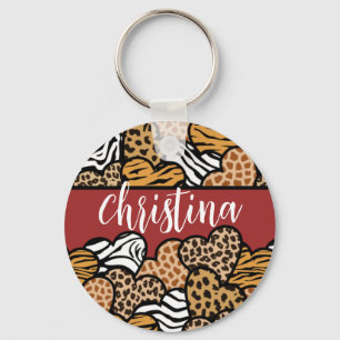 Girly Red Playful Animal Print Hearts Name Key Ring