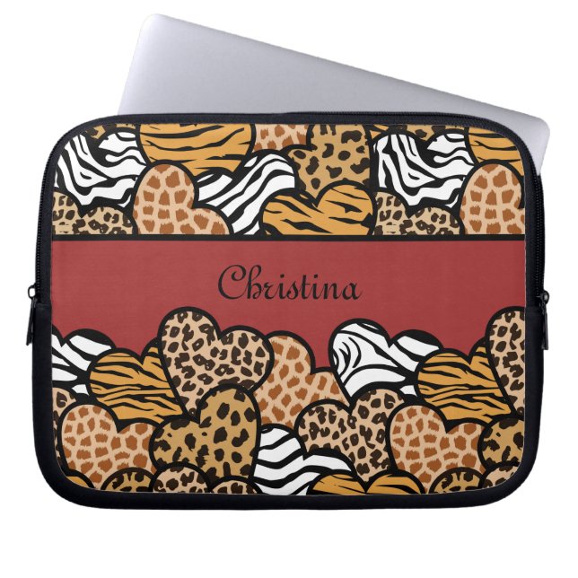 Girly Red Playful Animal Print Hearts Name  Laptop Sleeve (Front)