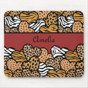 Girly Red Playful Animal Print Hearts Name  Mouse Mat