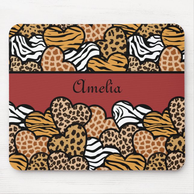 Girly Red Playful Animal Print Hearts Name  Mouse Mat (Front)