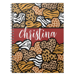 Girly Red Playful Animal Print Hearts Name Notebook